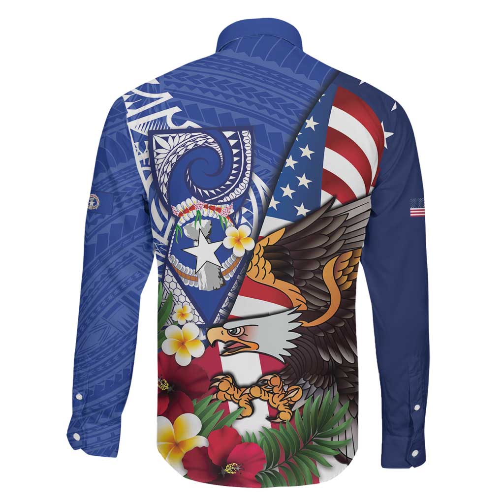 United States and Northern Mariana Islands Family Matching Off Shoulder Short Dress and Hawaiian Shirt USA Flag Eagle CNMI Latte Stone Tropical Flowers