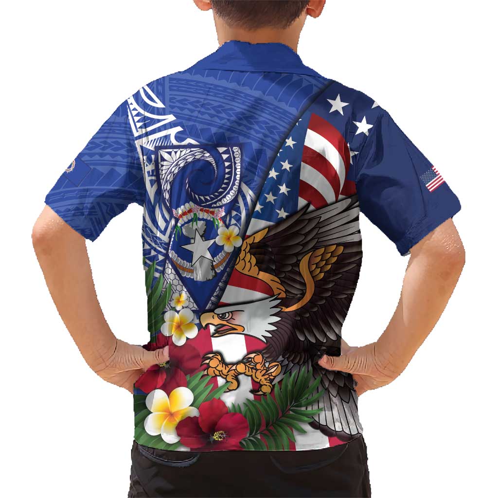 United States and Northern Mariana Islands Family Matching Puletasi and Hawaiian Shirt USA Flag Eagle CNMI Latte Stone Tropical Flowers