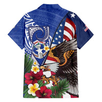United States and Northern Mariana Islands Family Matching Puletasi and Hawaiian Shirt USA Flag Eagle CNMI Latte Stone Tropical Flowers