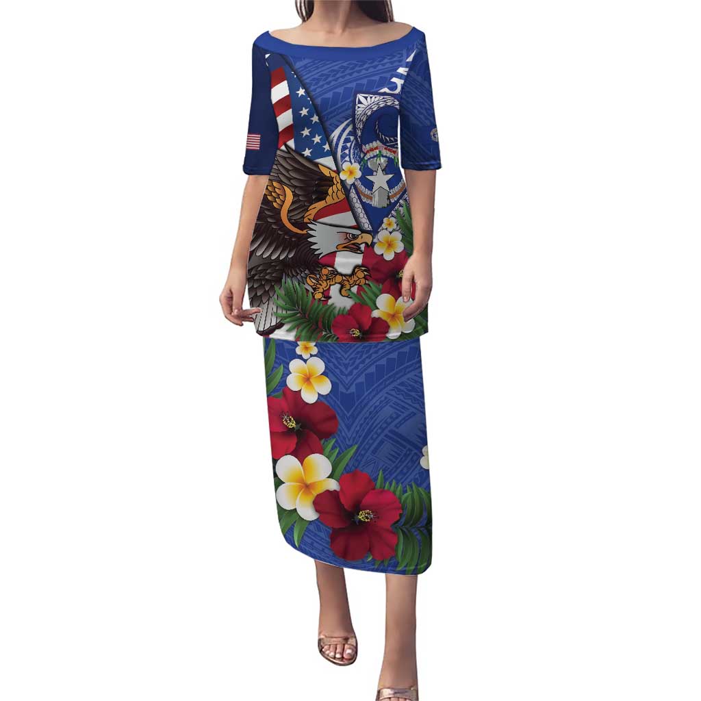 United States and Northern Mariana Islands Family Matching Puletasi and Hawaiian Shirt USA Flag Eagle CNMI Latte Stone Tropical Flowers