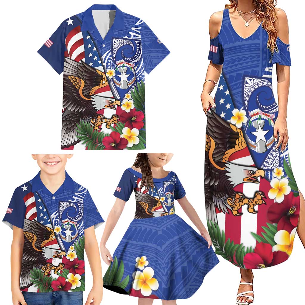 United States and Northern Mariana Islands Family Matching Summer Maxi Dress and Hawaiian Shirt USA Flag Eagle CNMI Latte Stone Tropical Flowers
