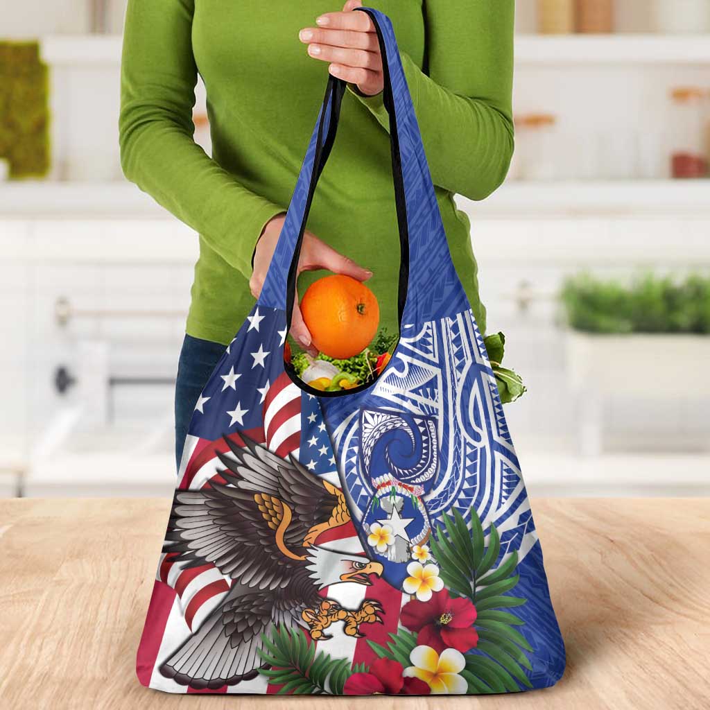 United States and Northern Mariana Islands Grocery Bag USA Flag Eagle CNMI Latte Stone Tropical Flowers