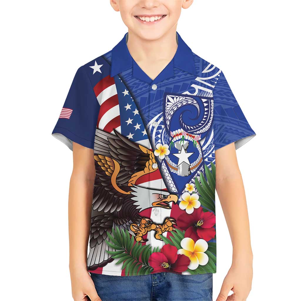 United States and Northern Mariana Islands Hawaiian Shirt USA Flag Eagle CNMI Latte Stone Tropical Flowers