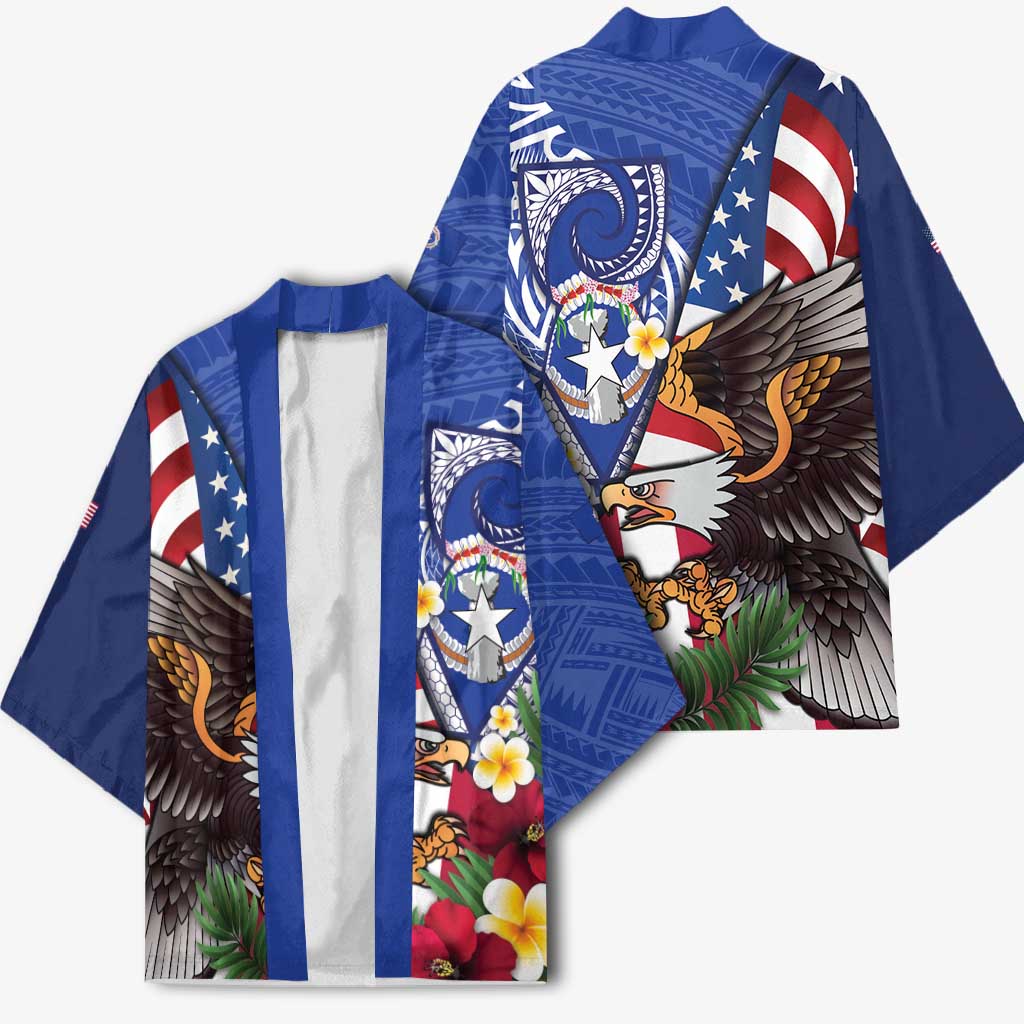 United States and Northern Mariana Islands Kimono USA Flag Eagle CNMI Latte Stone Tropical Flowers