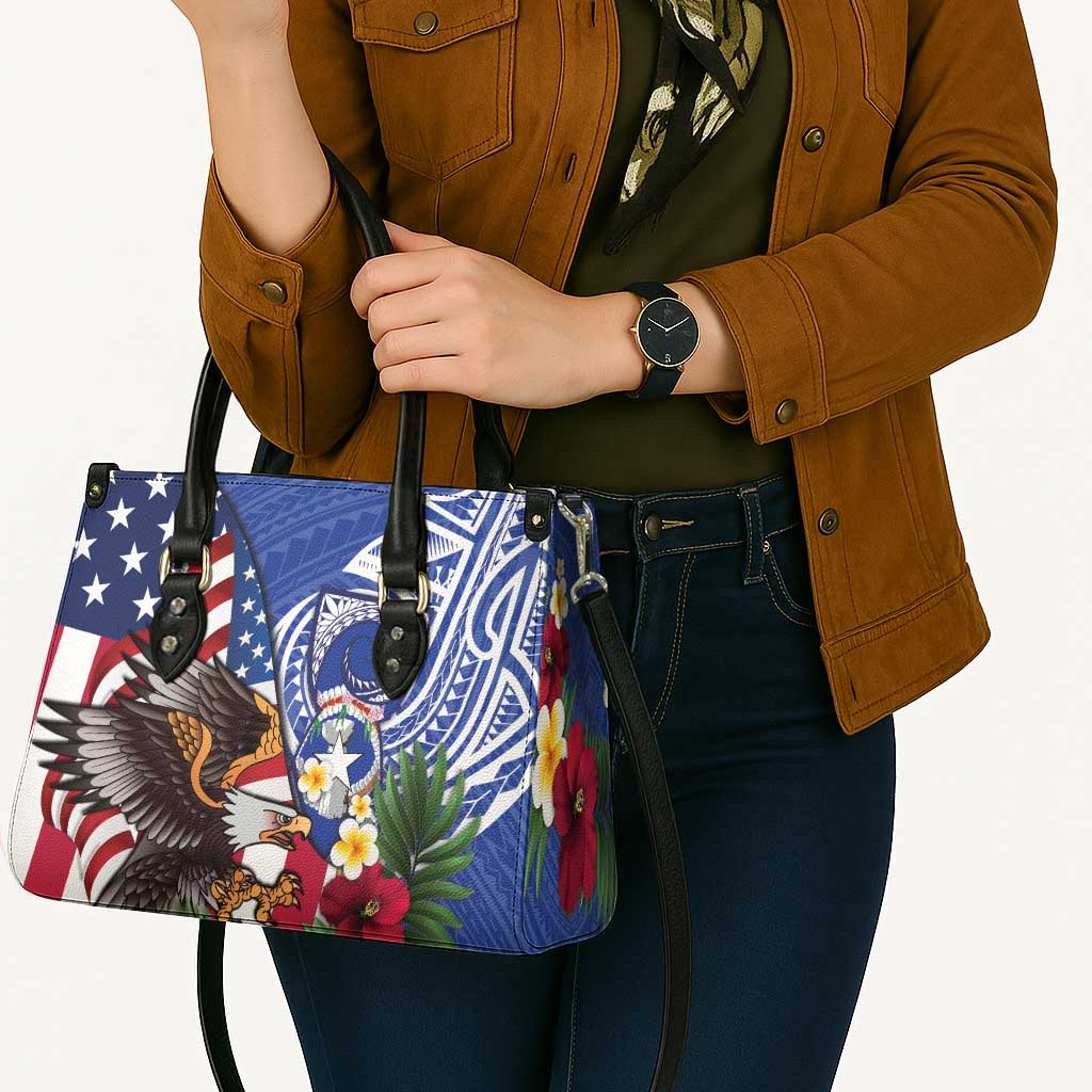 United States and Northern Mariana Islands Leather Bag USA Flag Eagle CNMI Latte Stone Tropical Flowers