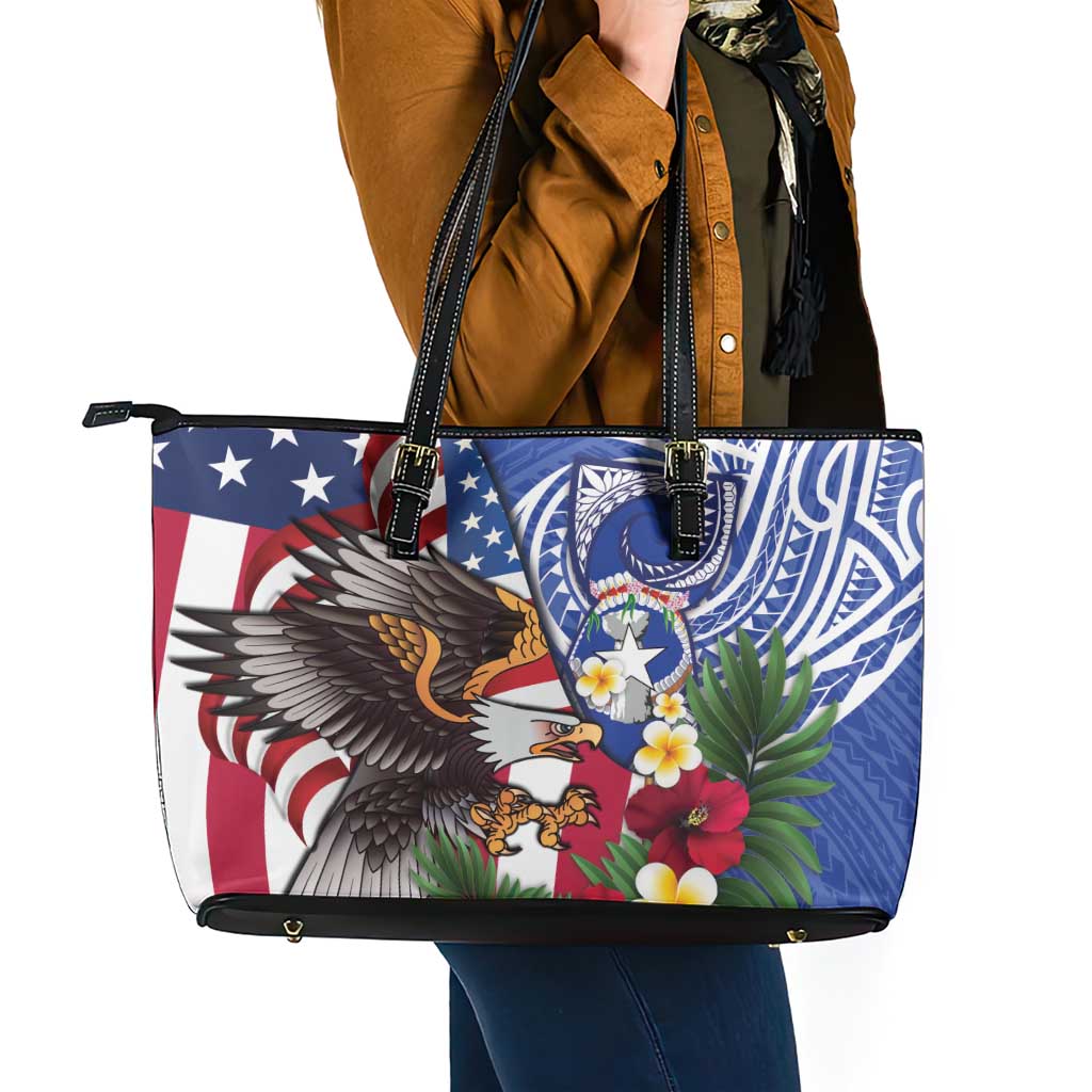 United States and Northern Mariana Islands Leather Tote Bag USA Flag Eagle CNMI Latte Stone Tropical Flowers