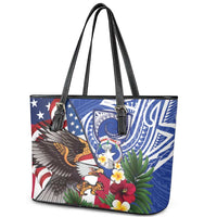 United States and Northern Mariana Islands Leather Tote Bag USA Flag Eagle CNMI Latte Stone Tropical Flowers