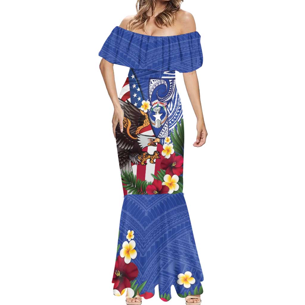 United States and Northern Mariana Islands Mermaid Dress USA Flag Eagle CNMI Latte Stone Tropical Flowers