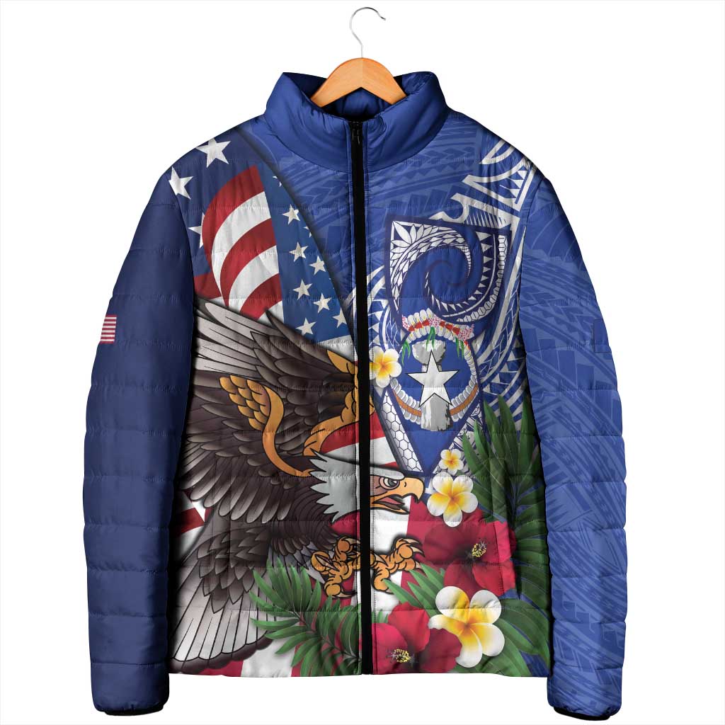 United States and Northern Mariana Islands Padded Jacket USA Flag Eagle CNMI Latte Stone Tropical Flowers