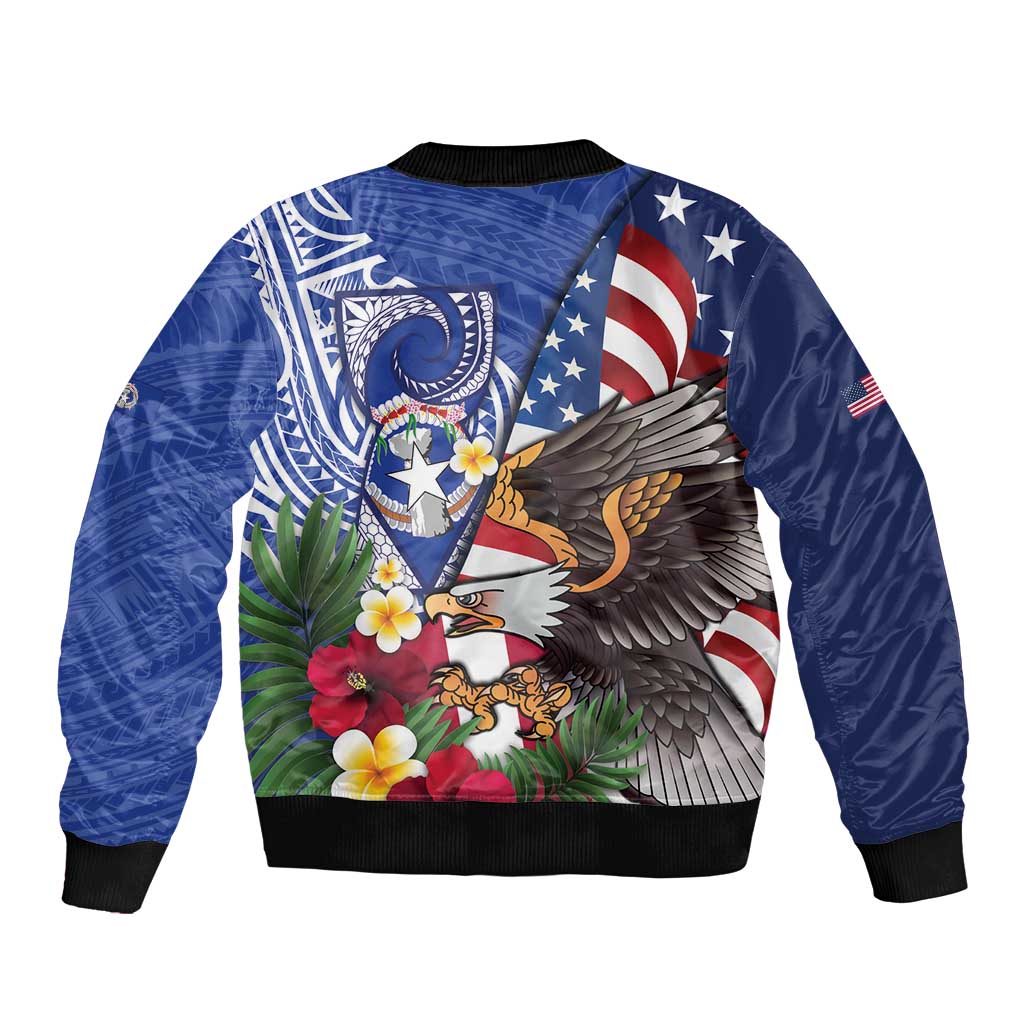 United States and Northern Mariana Islands Sleeve Zip Bomber Jacket USA Flag Eagle CNMI Latte Stone Tropical Flowers