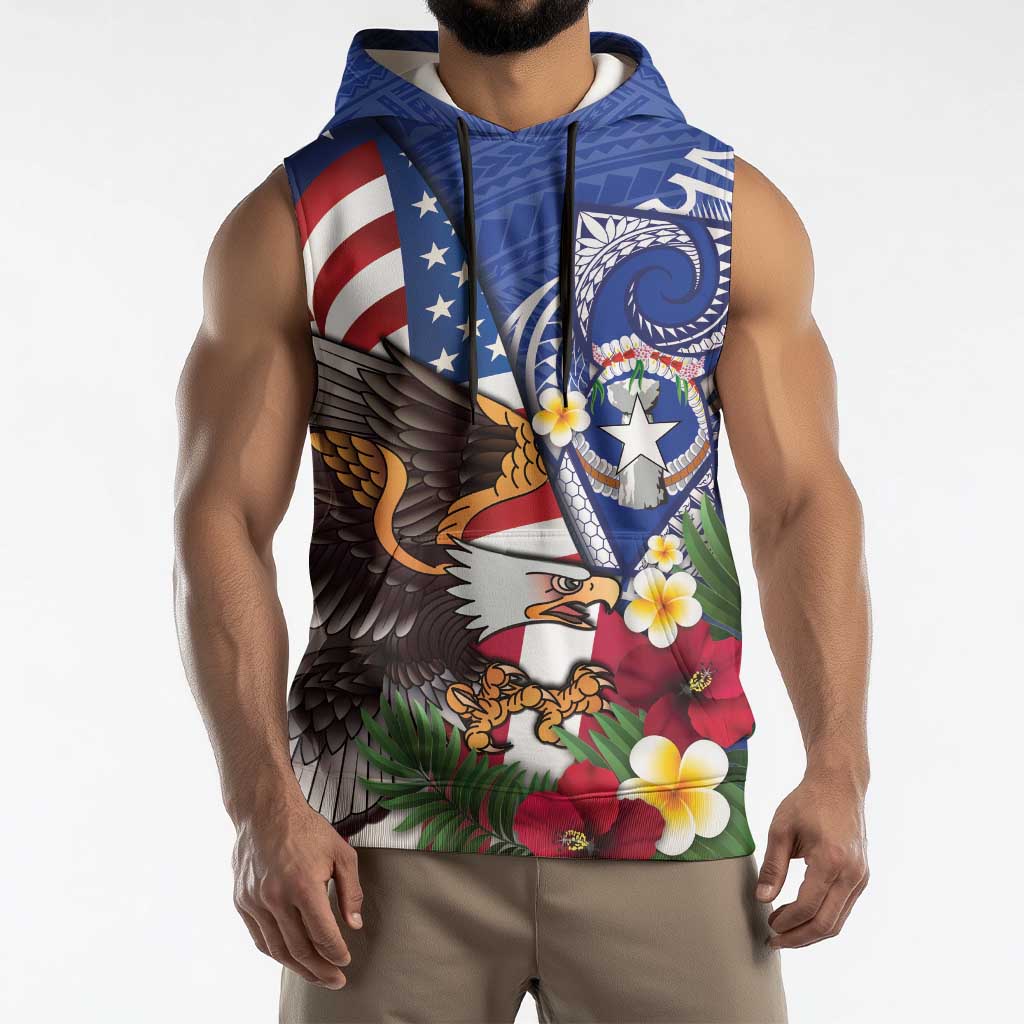 United States and Northern Mariana Islands Sleeveless Hoodie USA Flag Eagle CNMI Latte Stone Tropical Flowers