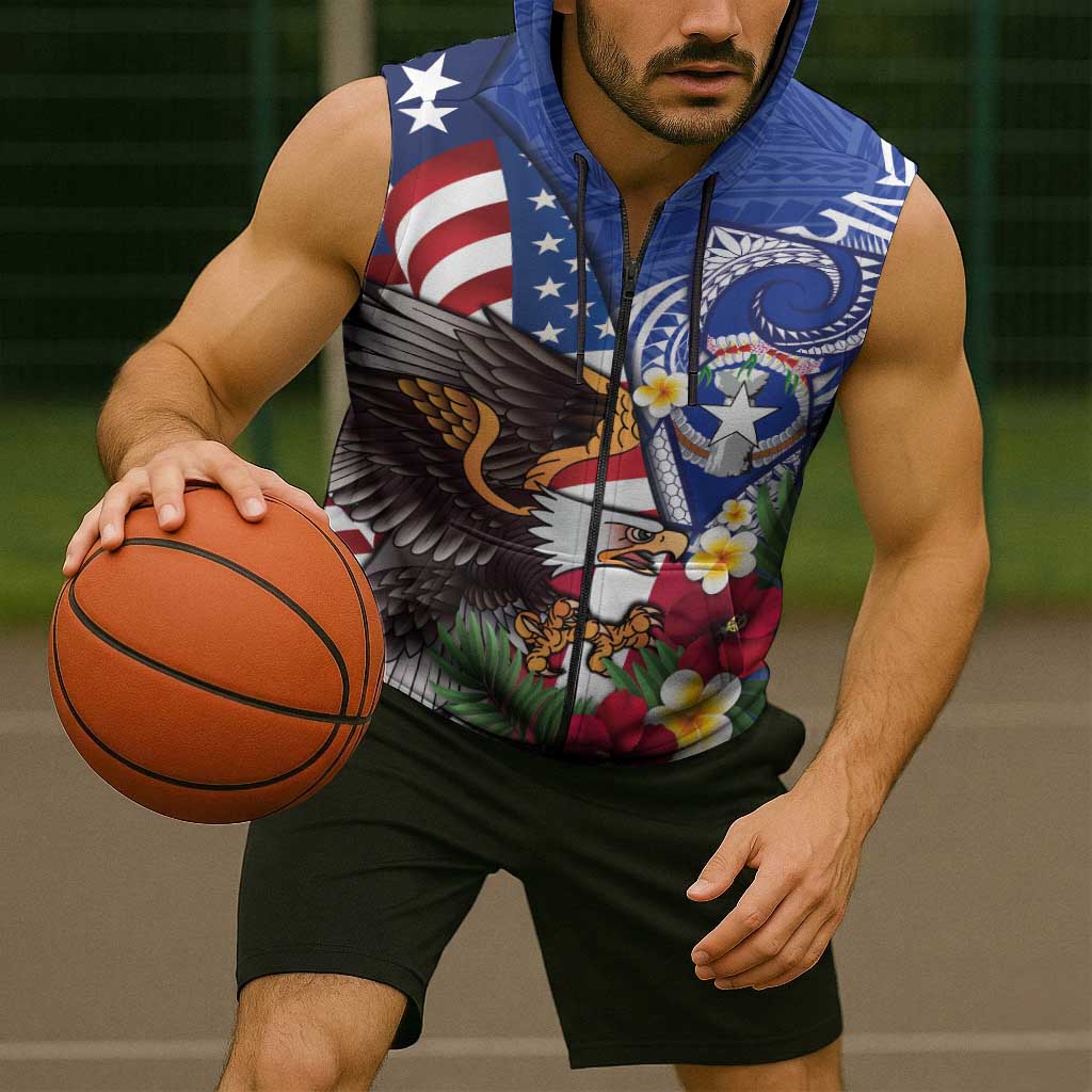 United States and Northern Mariana Islands Sleeveless Zip Hoodie USA Flag Eagle CNMI Latte Stone Tropical Flowers