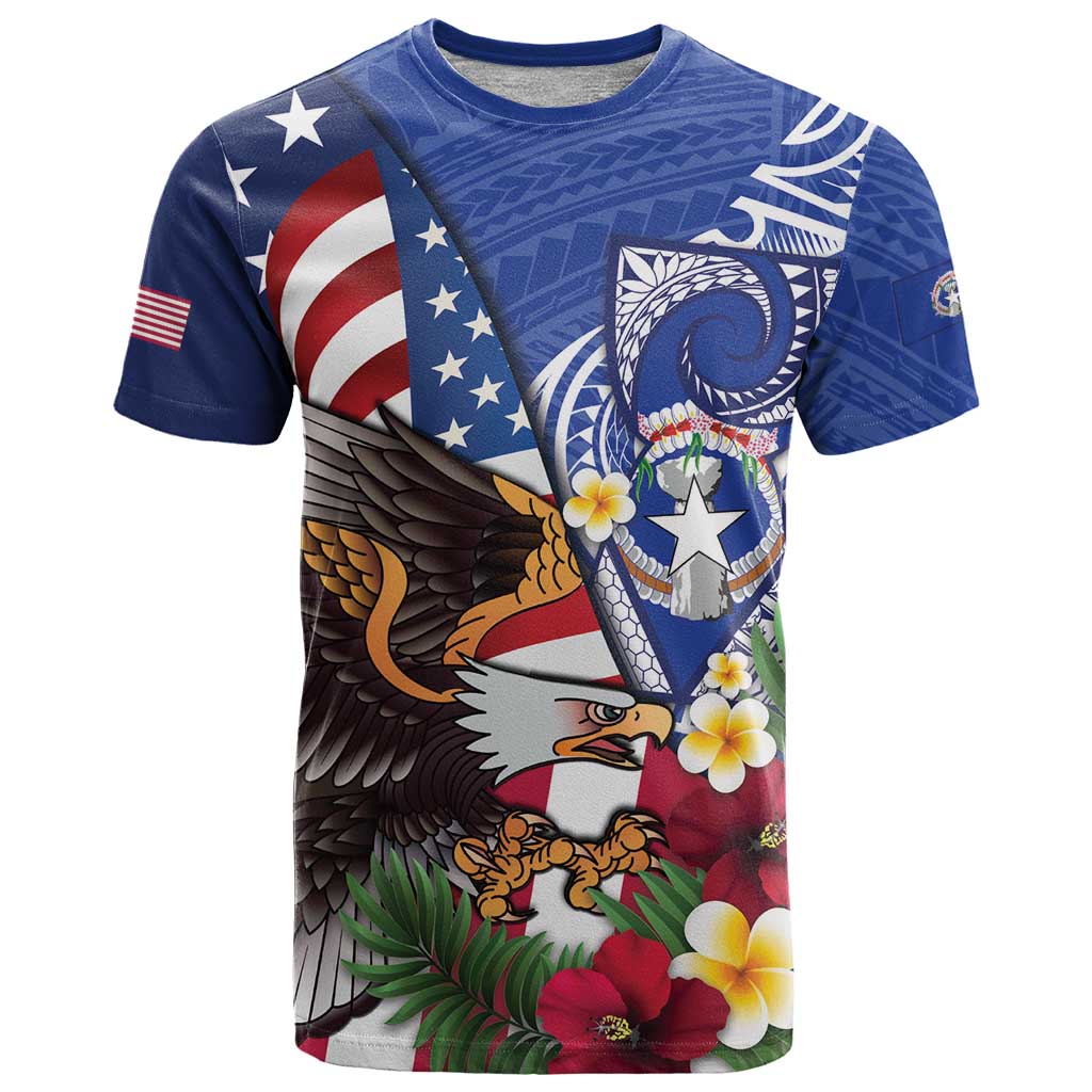 United States and Northern Mariana Islands T Shirt USA Flag Eagle CNMI Latte Stone Tropical Flowers