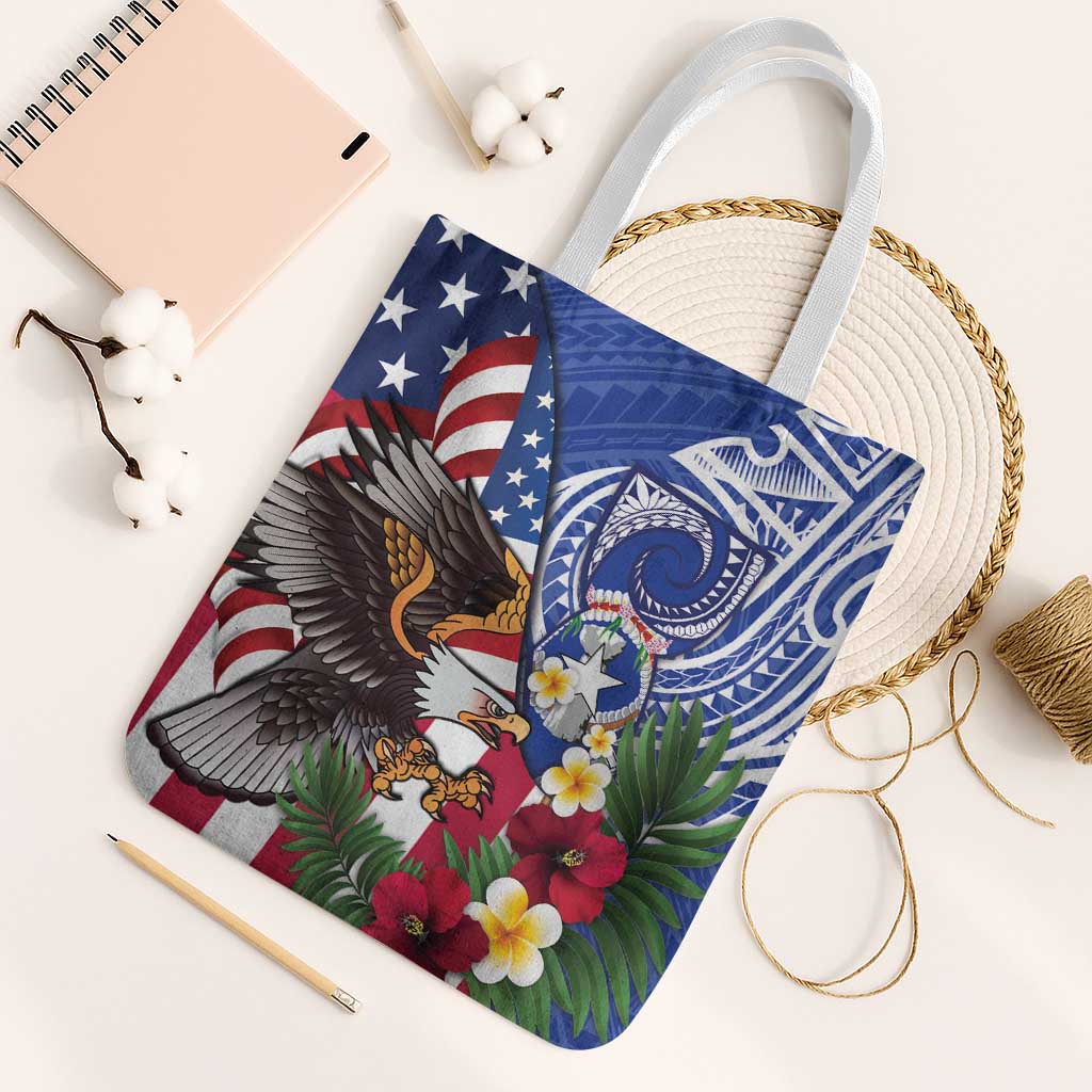 United States and Northern Mariana Islands Tote Bag USA Flag Eagle CNMI Latte Stone Tropical Flowers