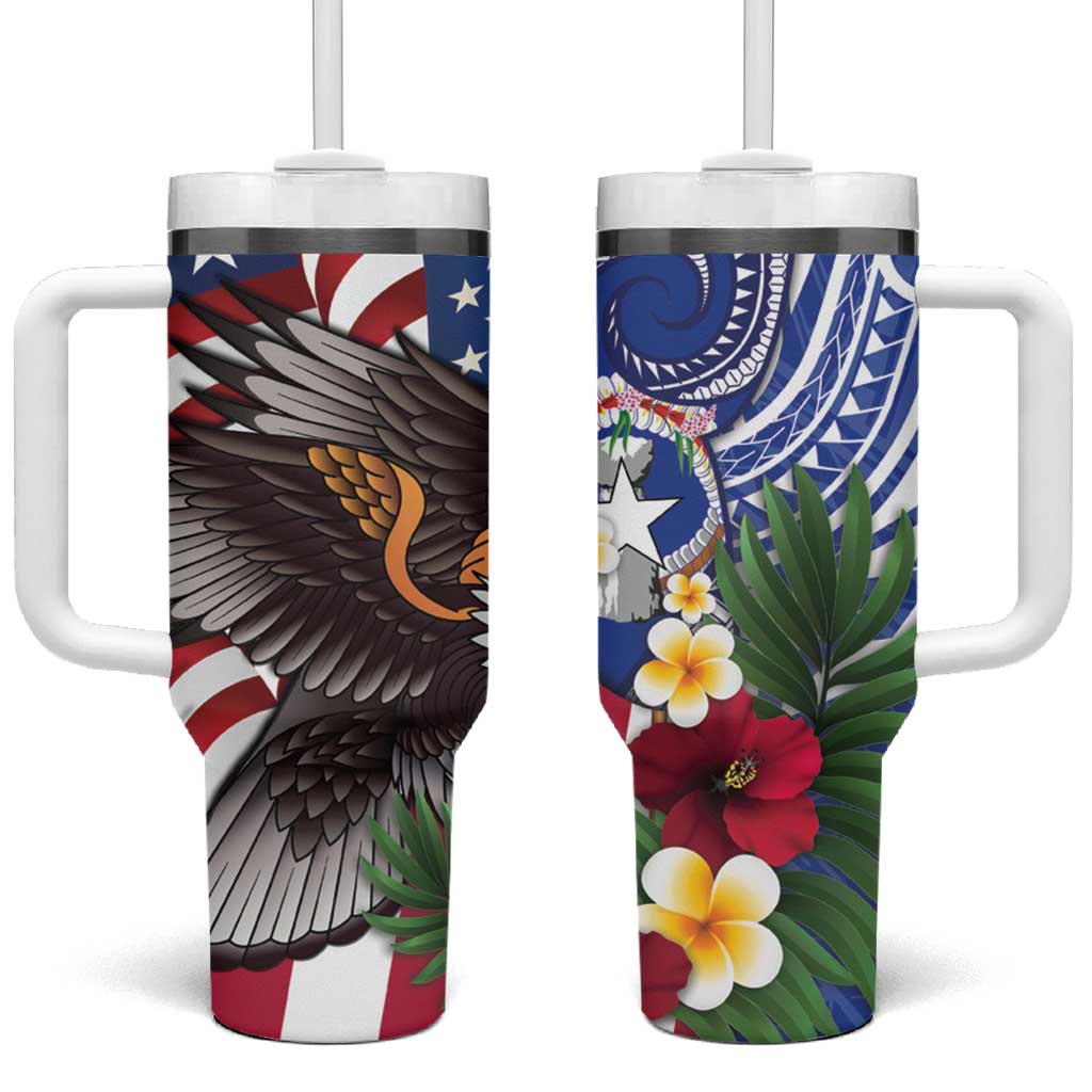 United States and Northern Mariana Islands Tumbler With Handle USA Flag Eagle CNMI Latte Stone Tropical Flowers