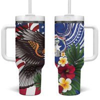 United States and Northern Mariana Islands Tumbler With Handle USA Flag Eagle CNMI Latte Stone Tropical Flowers