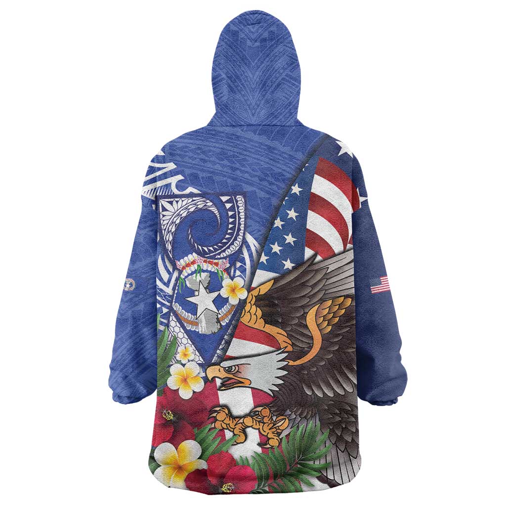 United States and Northern Mariana Islands Wearable Blanket Hoodie USA Flag Eagle CNMI Latte Stone Tropical Flowers