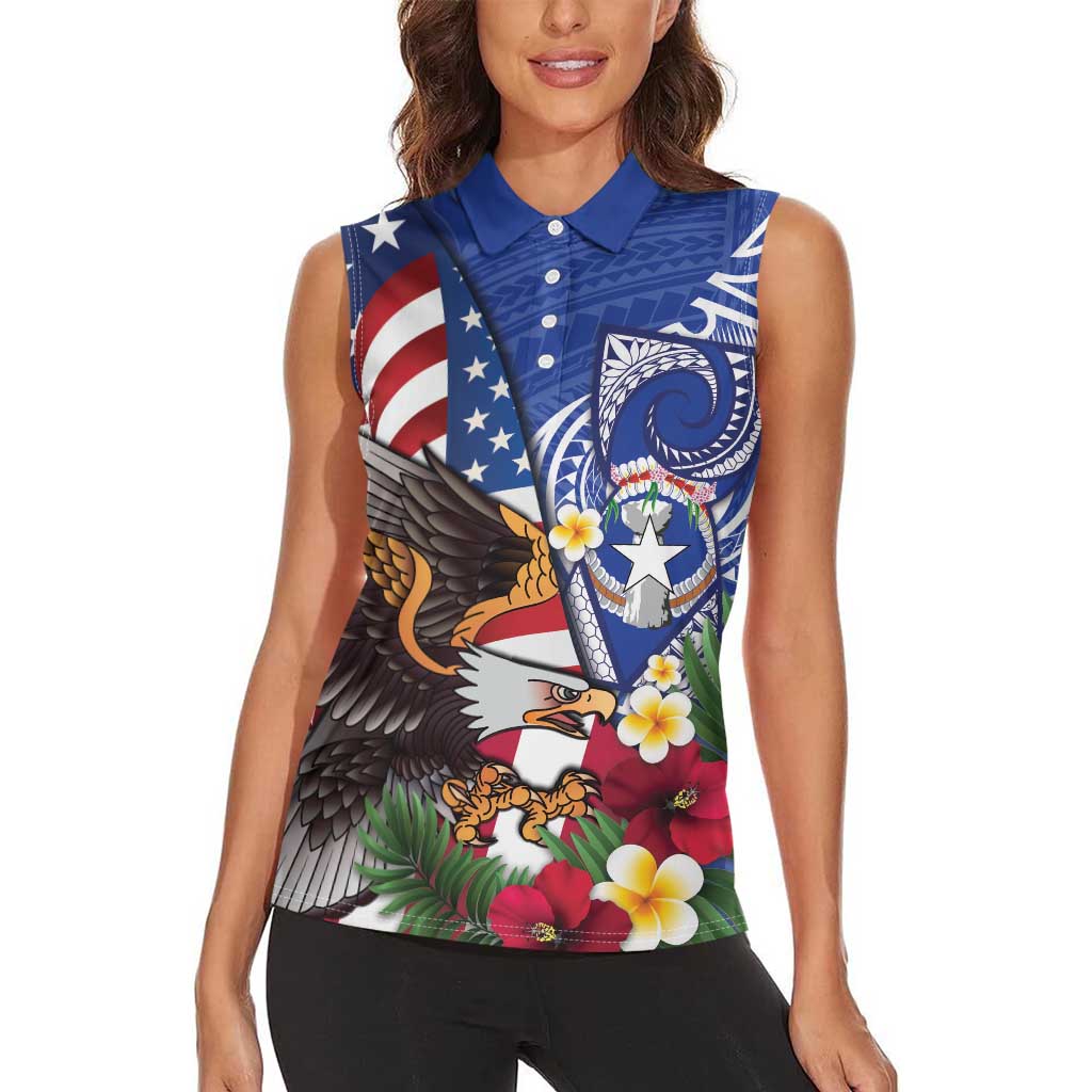 United States and Northern Mariana Islands Women Sleeveless Polo Shirt USA Flag Eagle CNMI Latte Stone Tropical Flowers
