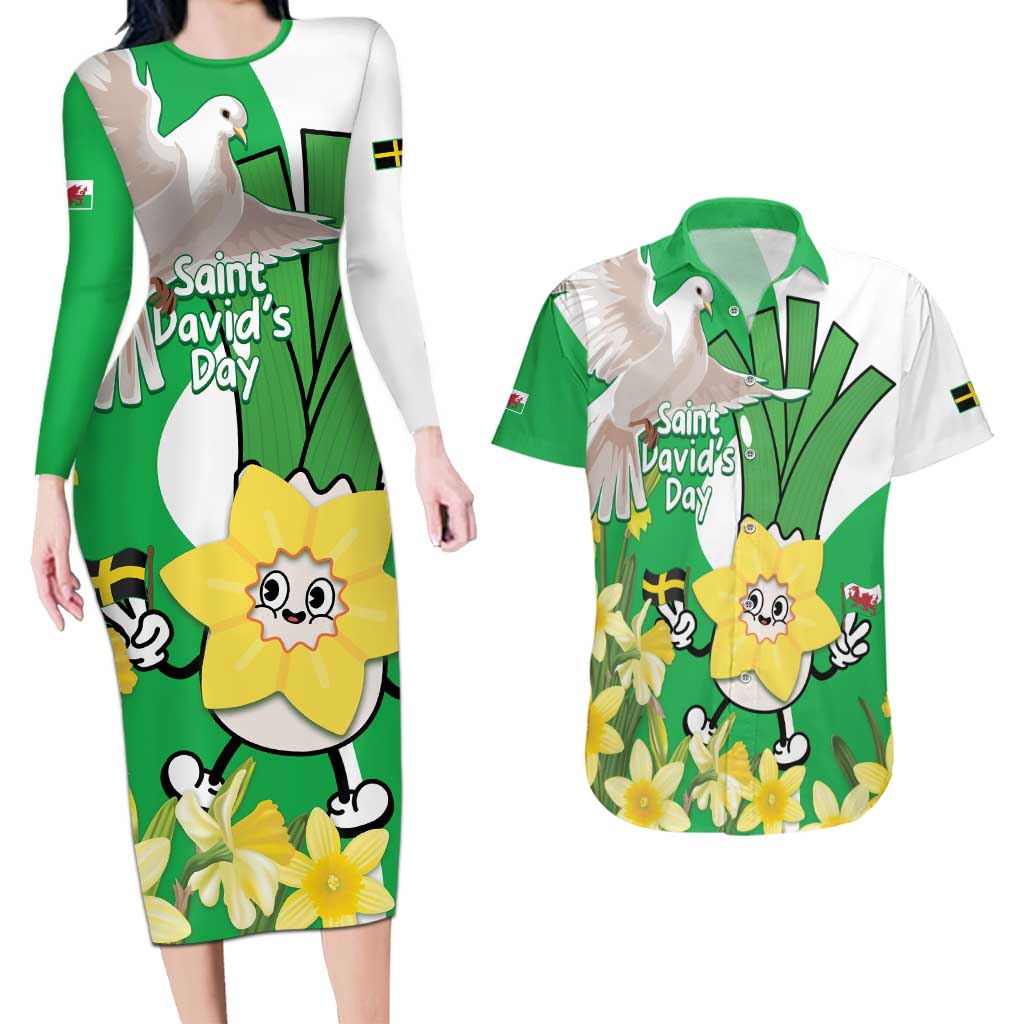 Wales Saint David's Day Couples Matching Long Sleeve Bodycon Dress and Hawaiian Shirt Welsh Funny Leek Daffodil