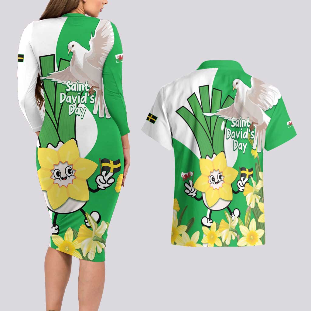 Wales Saint David's Day Couples Matching Long Sleeve Bodycon Dress and Hawaiian Shirt Welsh Funny Leek Daffodil