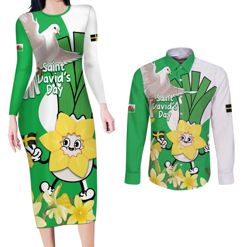 Wales Saint David's Day Couples Matching Long Sleeve Bodycon Dress and Long Sleeve Button Shirt Welsh Funny Leek Daffodil