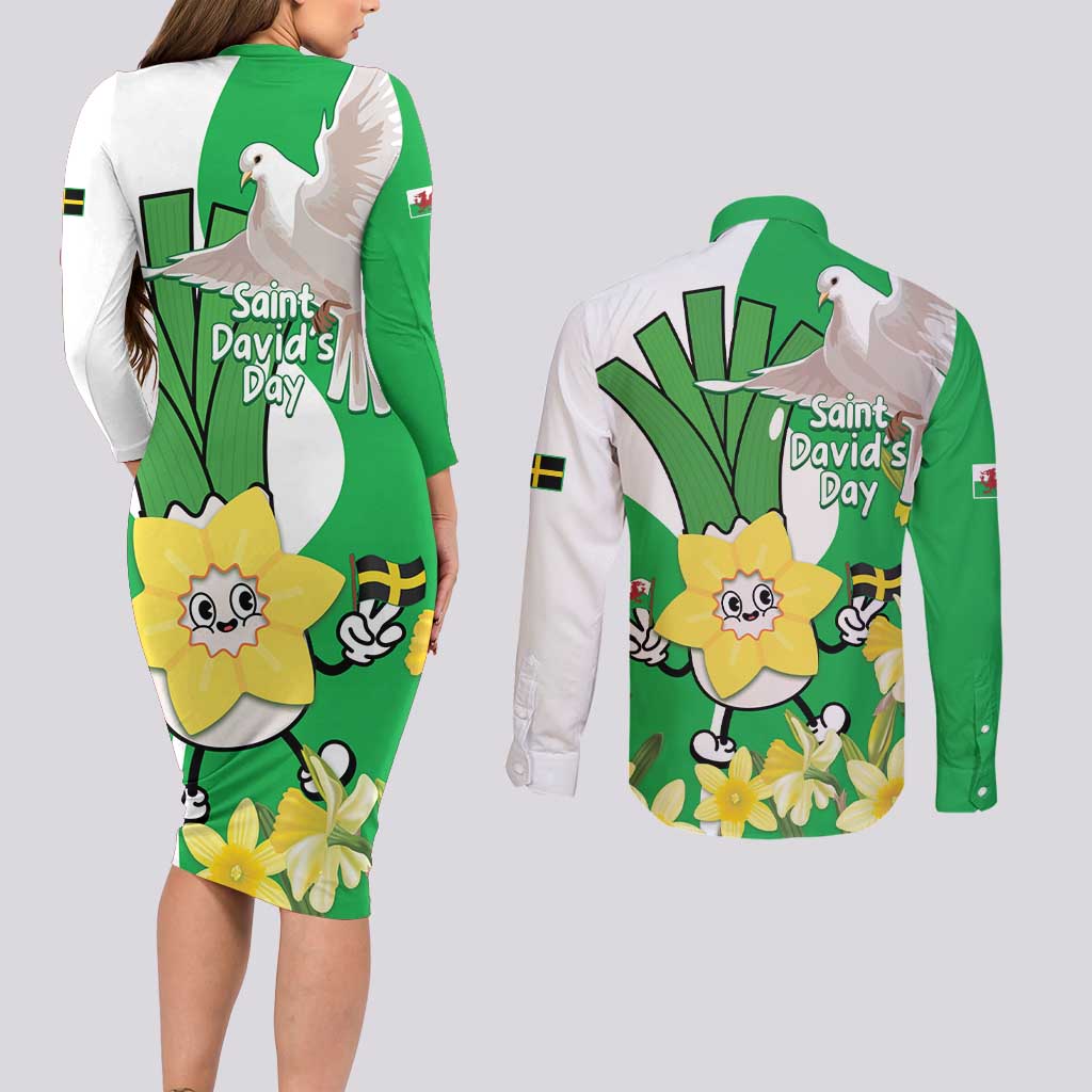 Wales Saint David's Day Couples Matching Long Sleeve Bodycon Dress and Long Sleeve Button Shirt Welsh Funny Leek Daffodil