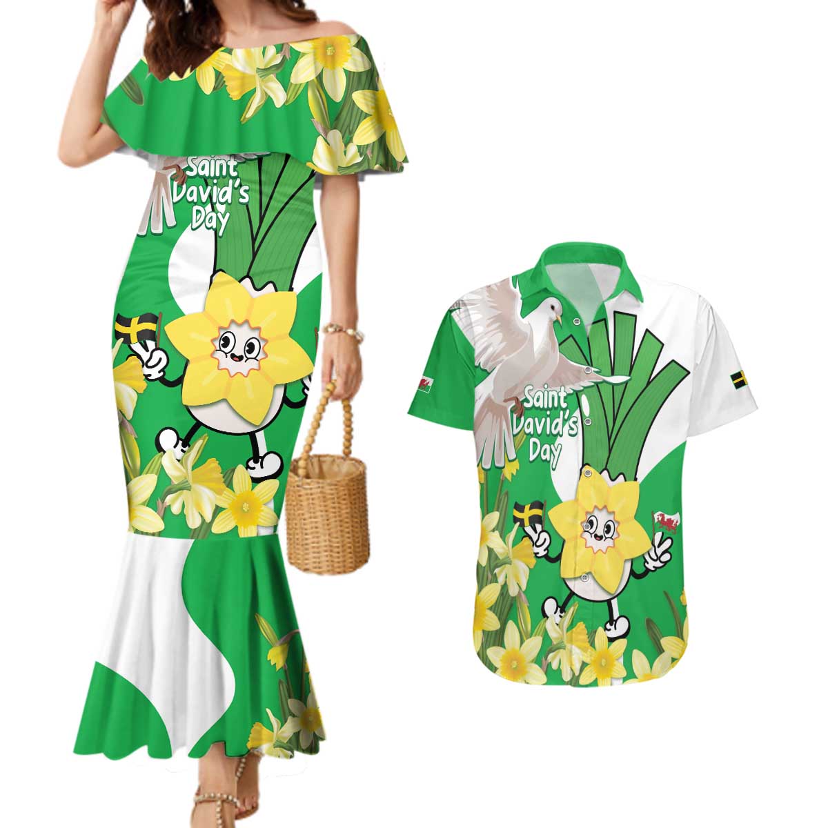 Wales Saint David's Day Couples Matching Mermaid Dress and Hawaiian Shirt Welsh Funny Leek Daffodil