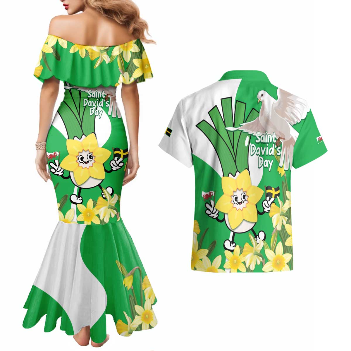 Wales Saint David's Day Couples Matching Mermaid Dress and Hawaiian Shirt Welsh Funny Leek Daffodil