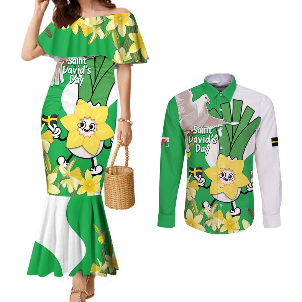 Wales Saint David's Day Couples Matching Mermaid Dress and Long Sleeve Button Shirt Welsh Funny Leek Daffodil