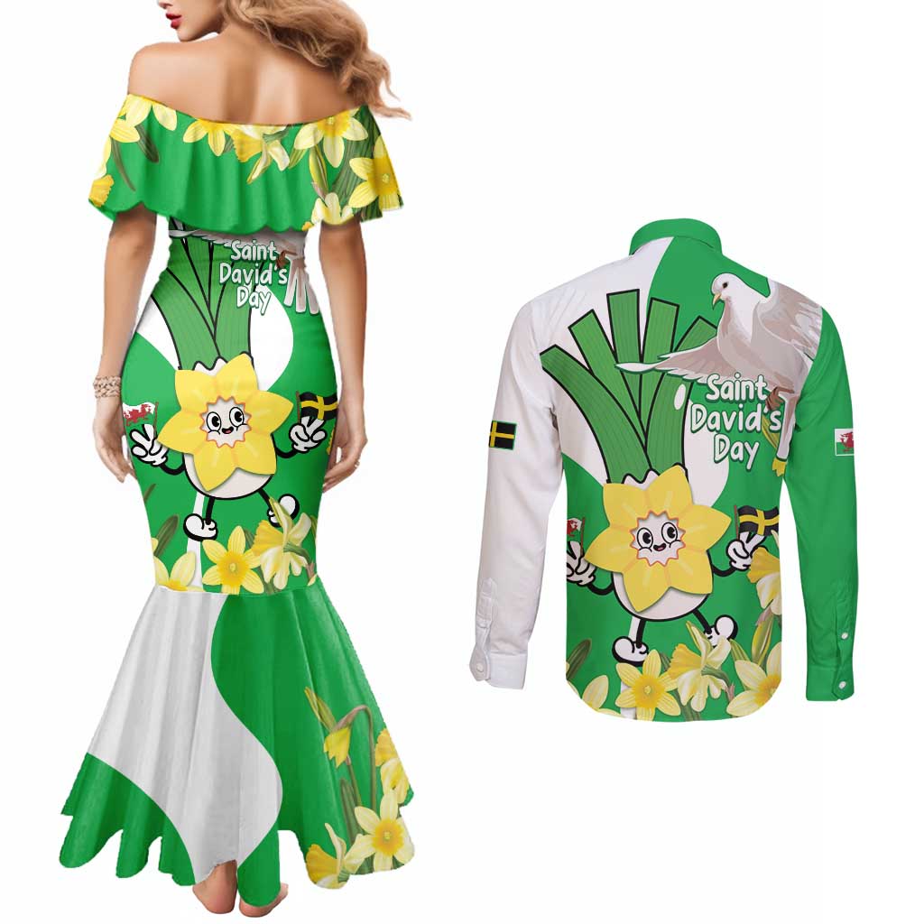 Wales Saint David's Day Couples Matching Mermaid Dress and Long Sleeve Button Shirt Welsh Funny Leek Daffodil