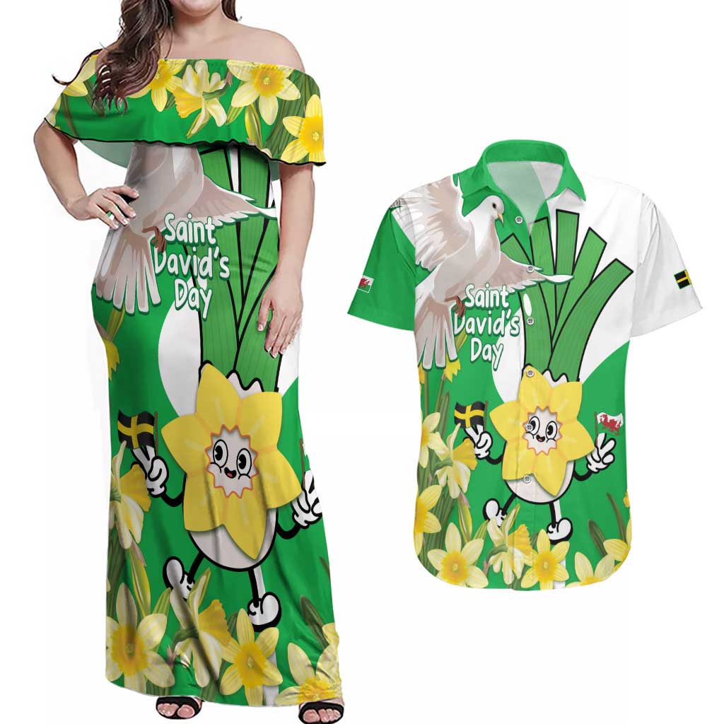 Wales Saint David's Day Couples Matching Off Shoulder Maxi Dress and Hawaiian Shirt Welsh Funny Leek Daffodil