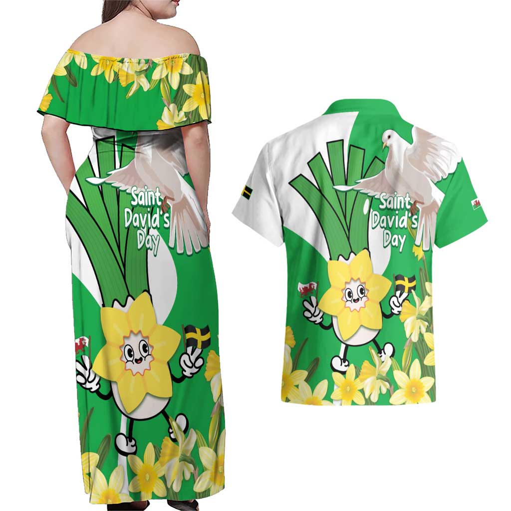 Wales Saint David's Day Couples Matching Off Shoulder Maxi Dress and Hawaiian Shirt Welsh Funny Leek Daffodil