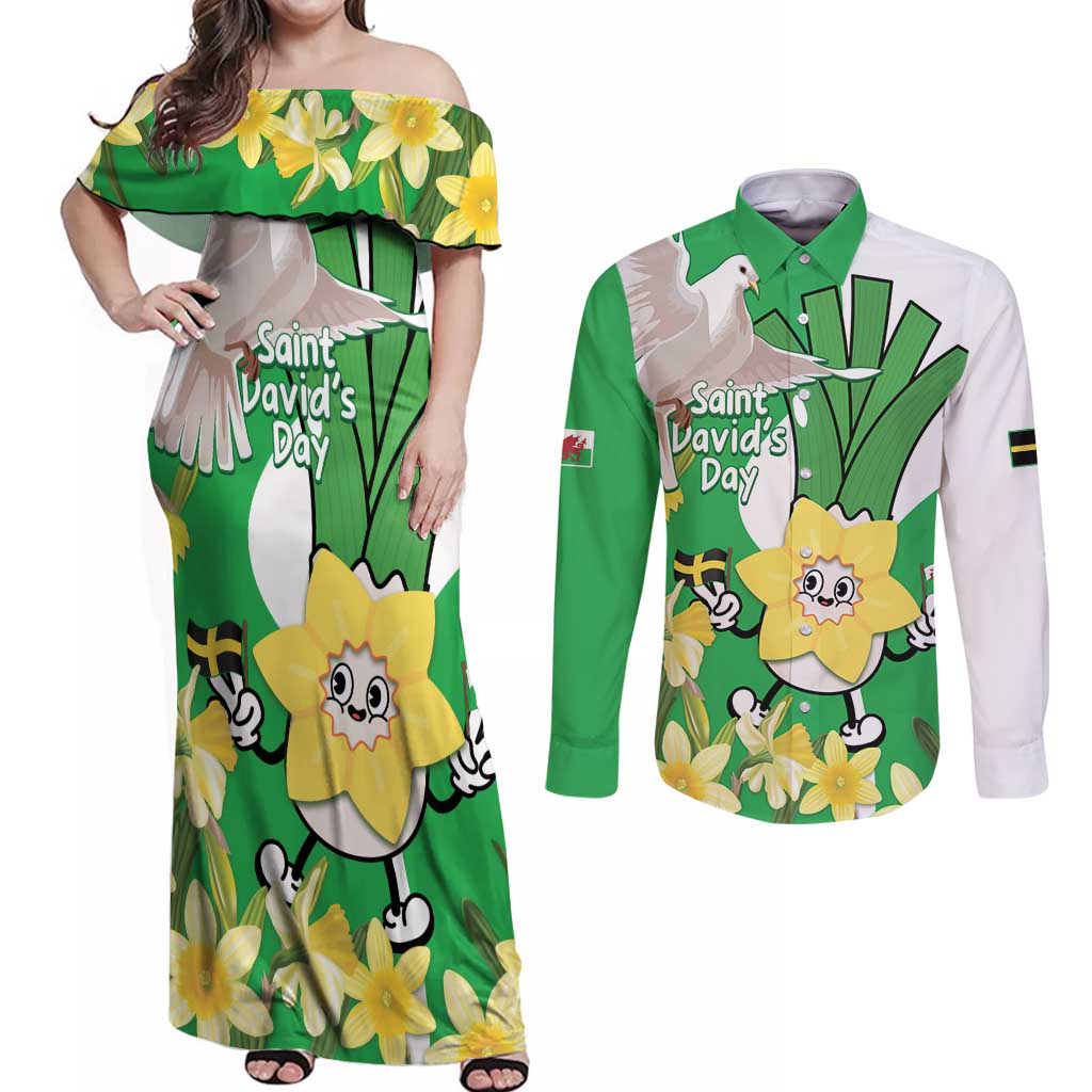 Wales Saint David's Day Couples Matching Off Shoulder Maxi Dress and Long Sleeve Button Shirt Welsh Funny Leek Daffodil