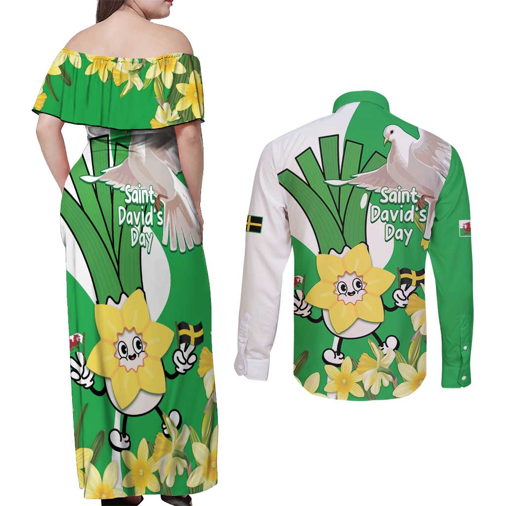 Wales Saint David's Day Couples Matching Off Shoulder Maxi Dress and Long Sleeve Button Shirt Welsh Funny Leek Daffodil