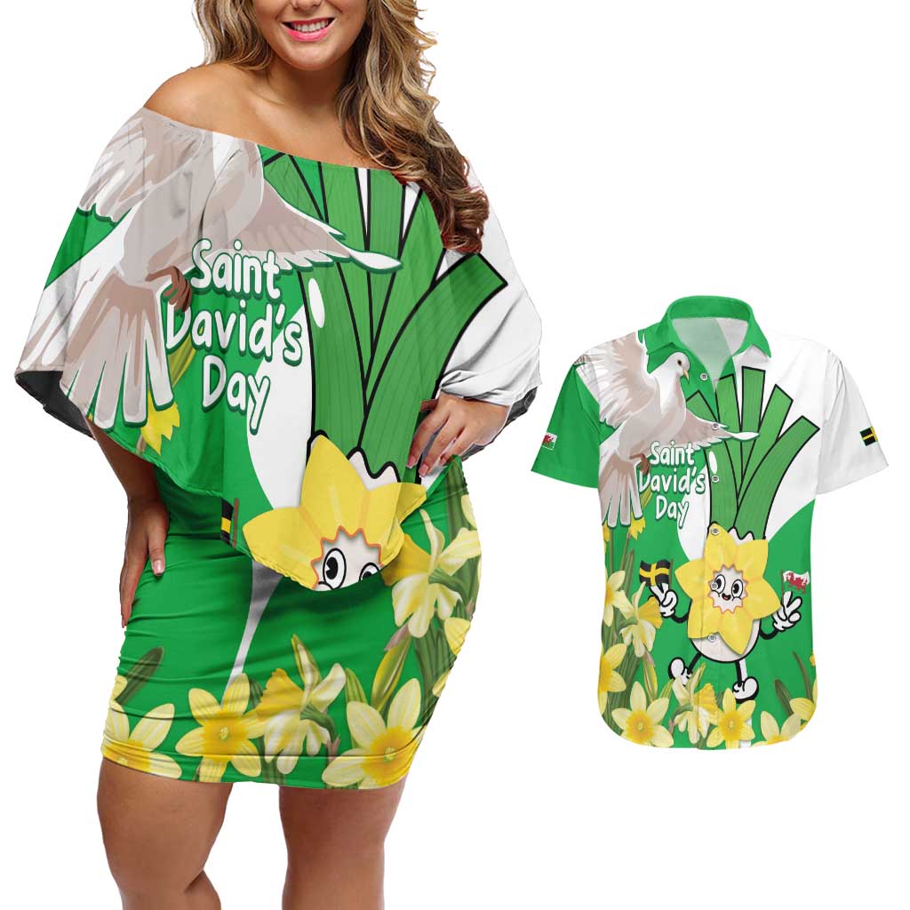 Wales Saint David's Day Couples Matching Off Shoulder Short Dress and Hawaiian Shirt Welsh Funny Leek Daffodil