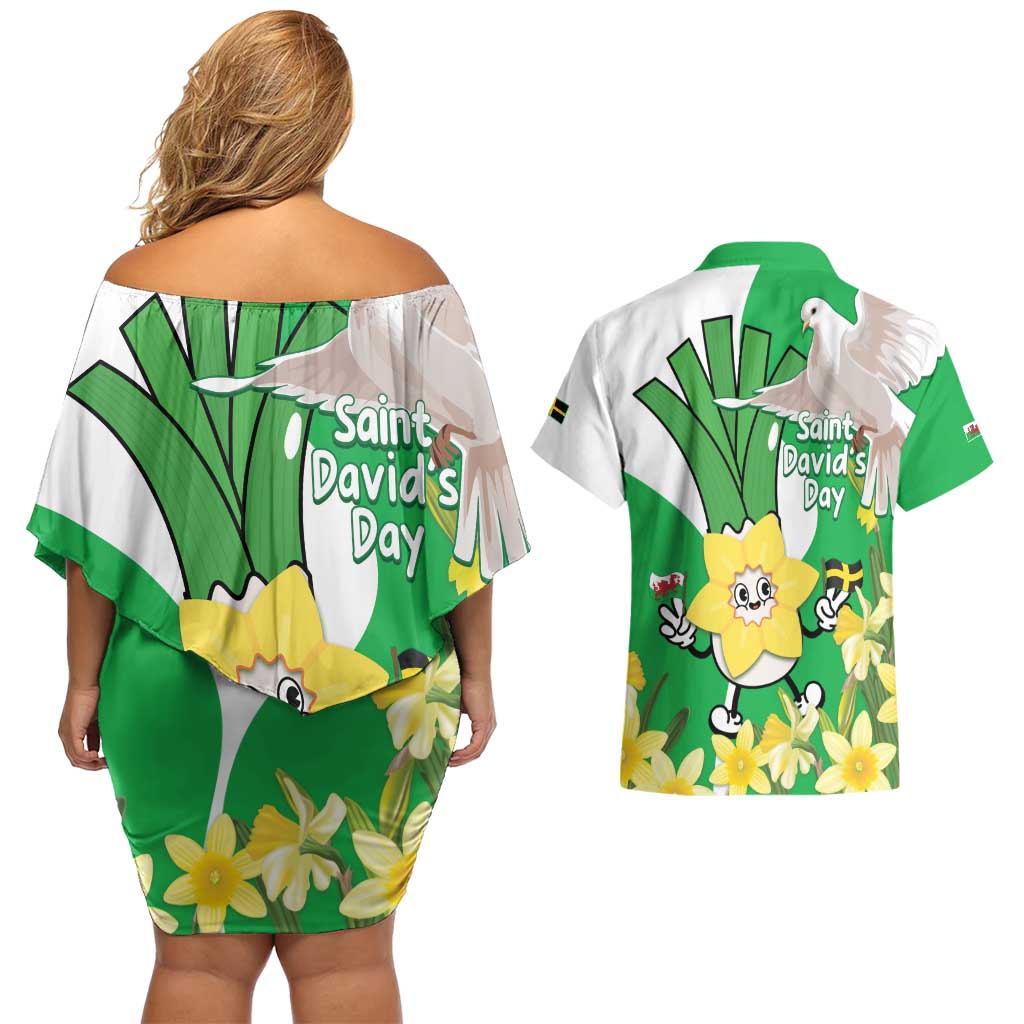 Wales Saint David's Day Couples Matching Off Shoulder Short Dress and Hawaiian Shirt Welsh Funny Leek Daffodil