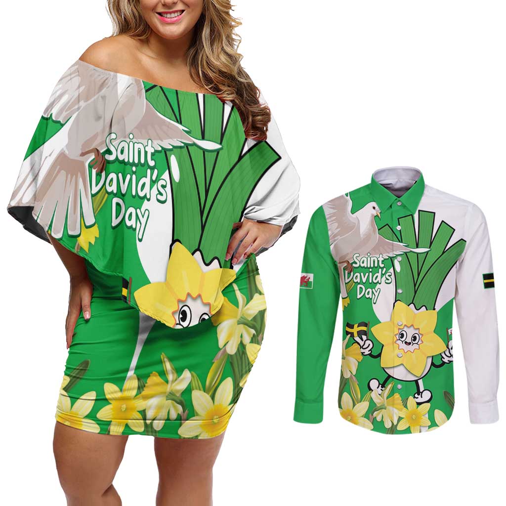 Wales Saint David's Day Couples Matching Off Shoulder Short Dress and Long Sleeve Button Shirt Welsh Funny Leek Daffodil