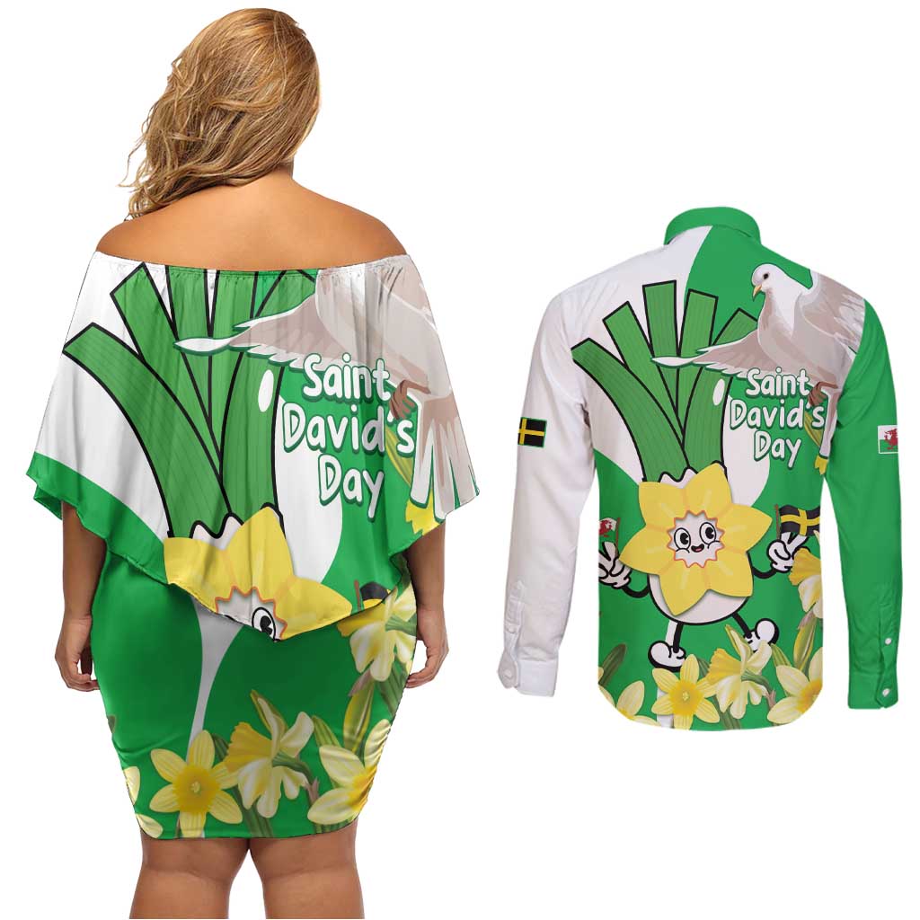 Wales Saint David's Day Couples Matching Off Shoulder Short Dress and Long Sleeve Button Shirt Welsh Funny Leek Daffodil