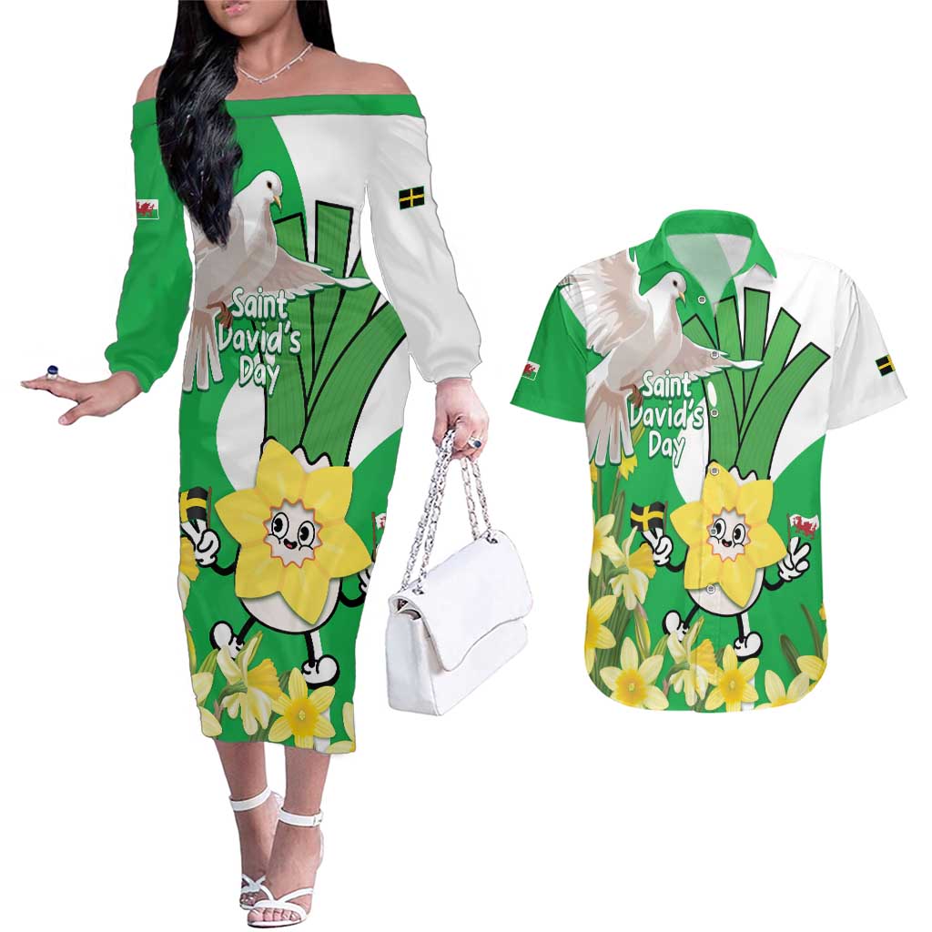 Wales Saint David's Day Couples Matching Off The Shoulder Long Sleeve Dress and Hawaiian Shirt Welsh Funny Leek Daffodil