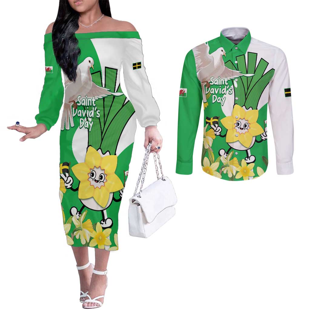 Wales Saint David's Day Couples Matching Off The Shoulder Long Sleeve Dress and Long Sleeve Button Shirt Welsh Funny Leek Daffodil