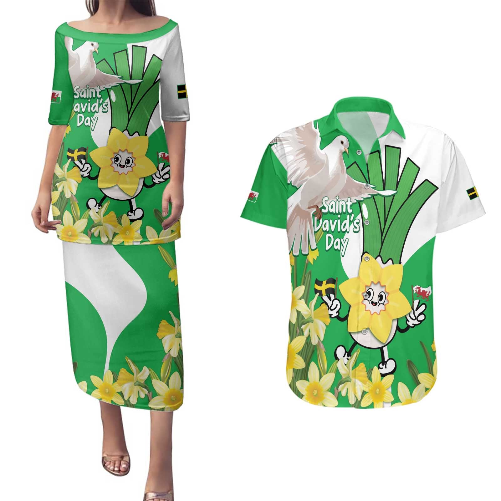Wales Saint David's Day Couples Matching Puletasi and Hawaiian Shirt Welsh Funny Leek Daffodil