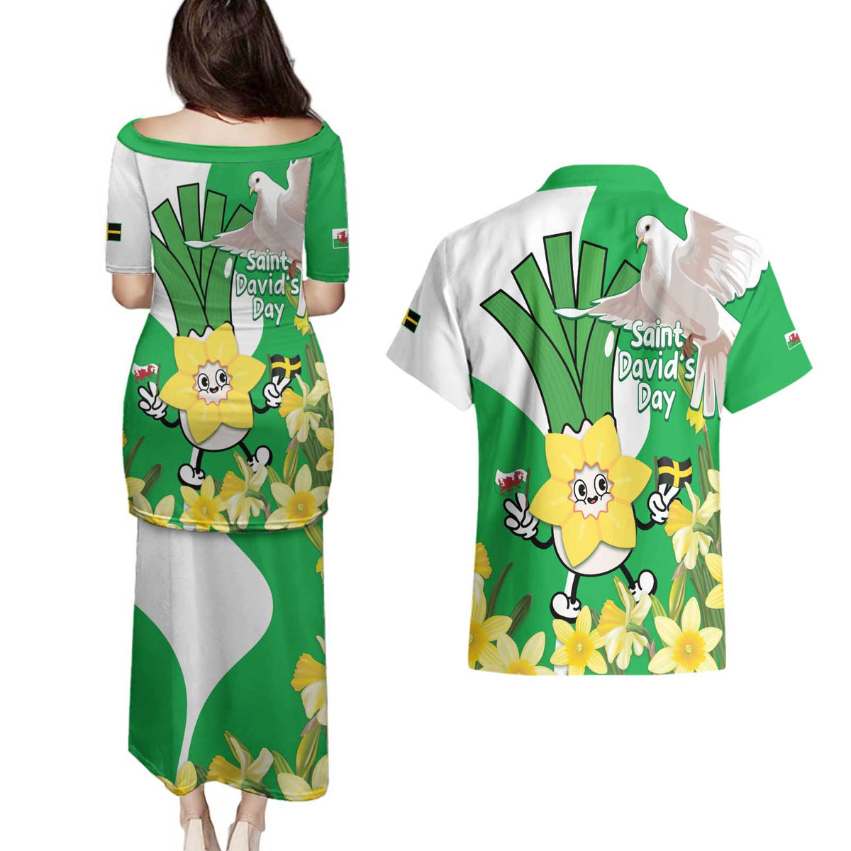 Wales Saint David's Day Couples Matching Puletasi and Hawaiian Shirt Welsh Funny Leek Daffodil