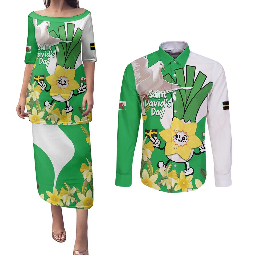Wales Saint David's Day Couples Matching Puletasi and Long Sleeve Button Shirt Welsh Funny Leek Daffodil