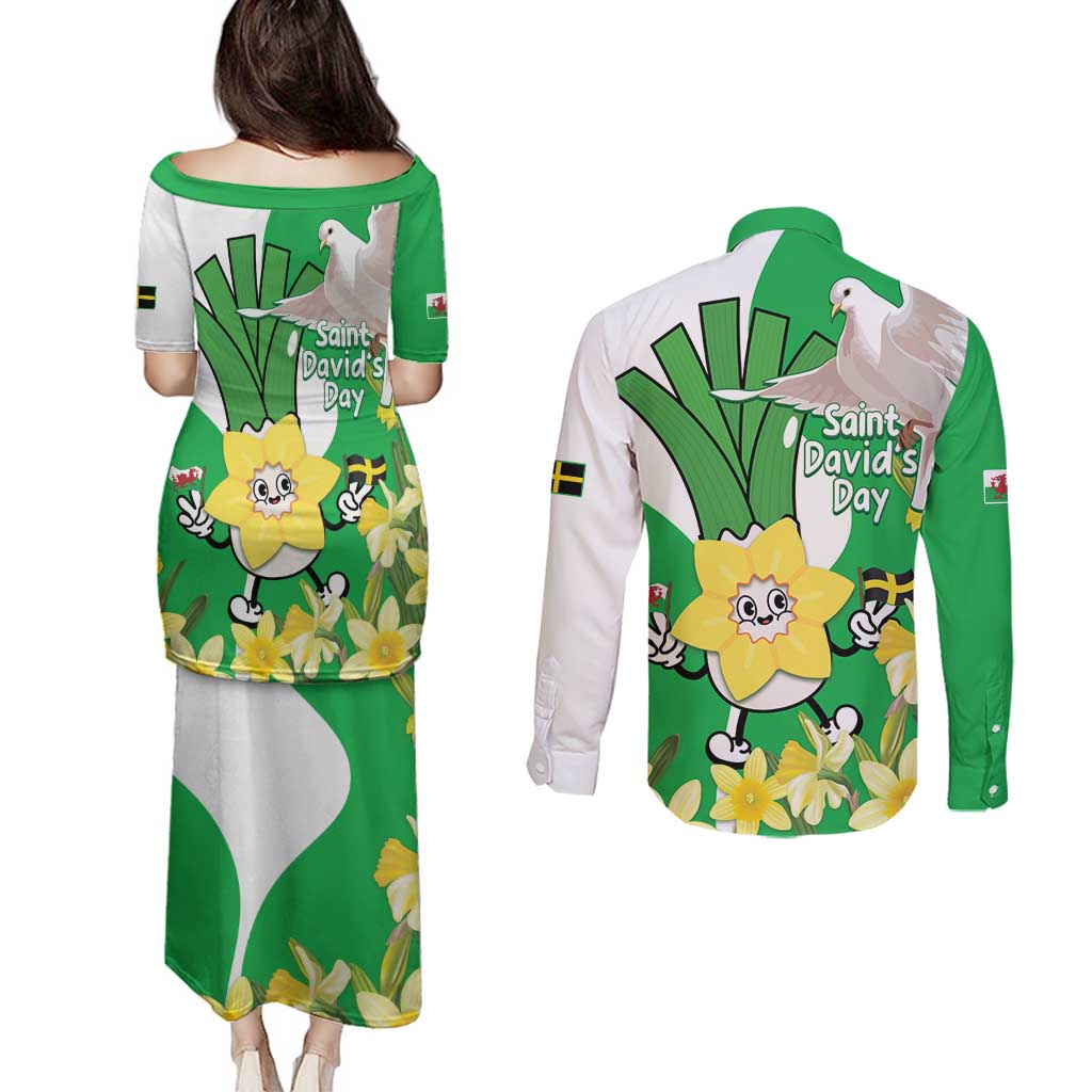 Wales Saint David's Day Couples Matching Puletasi and Long Sleeve Button Shirt Welsh Funny Leek Daffodil