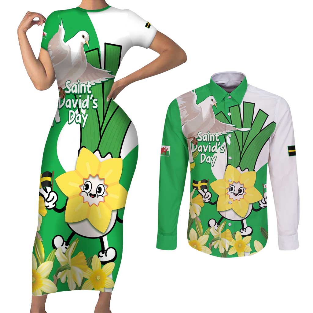 Wales Saint David's Day Couples Matching Short Sleeve Bodycon Dress and Long Sleeve Button Shirt Welsh Funny Leek Daffodil