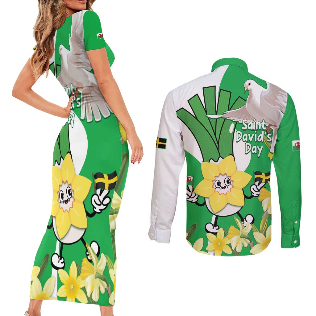 Wales Saint David's Day Couples Matching Short Sleeve Bodycon Dress and Long Sleeve Button Shirt Welsh Funny Leek Daffodil