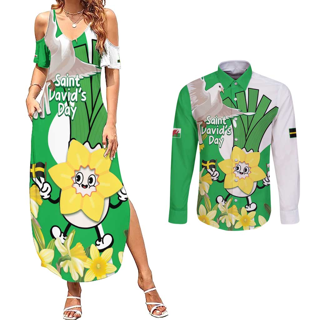Wales Saint David's Day Couples Matching Summer Maxi Dress and Long Sleeve Button Shirt Welsh Funny Leek Daffodil