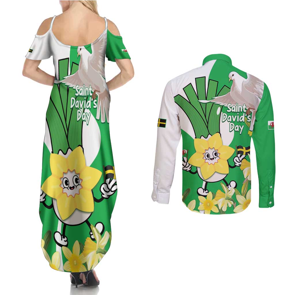 Wales Saint David's Day Couples Matching Summer Maxi Dress and Long Sleeve Button Shirt Welsh Funny Leek Daffodil