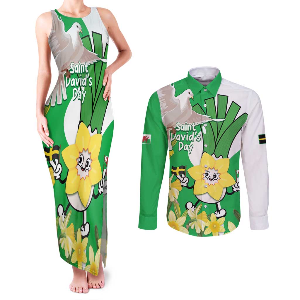 Wales Saint David's Day Couples Matching Tank Maxi Dress and Long Sleeve Button Shirt Welsh Funny Leek Daffodil