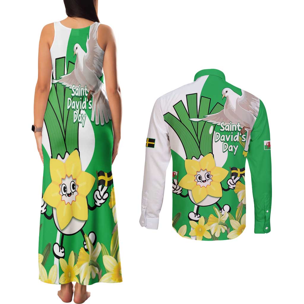 Wales Saint David's Day Couples Matching Tank Maxi Dress and Long Sleeve Button Shirt Welsh Funny Leek Daffodil
